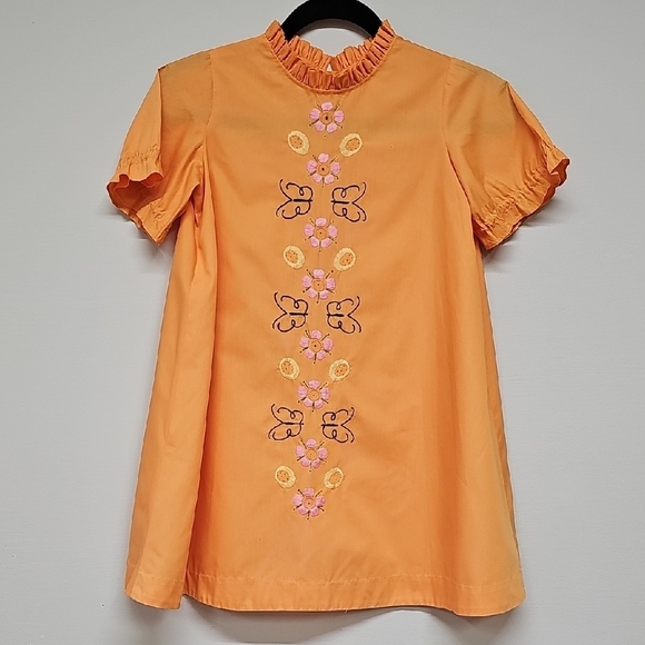 Vtg Handmade Floral Butterfly Embroidered A-line Dress Ruffle Neck - Picture 1 of 10